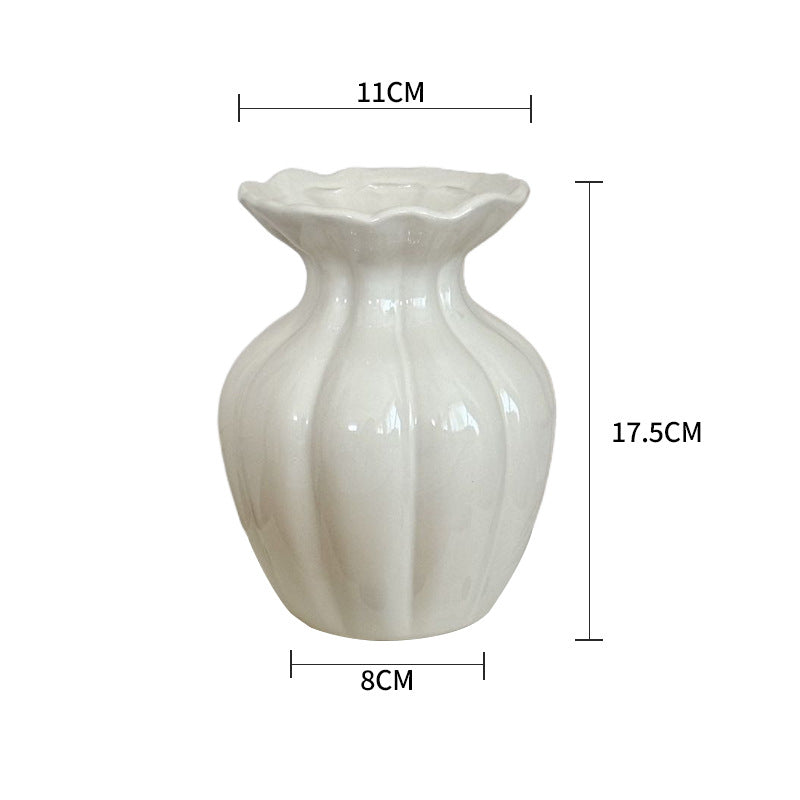 White Ribbed Belly Vase | Ceramic Flower Vase